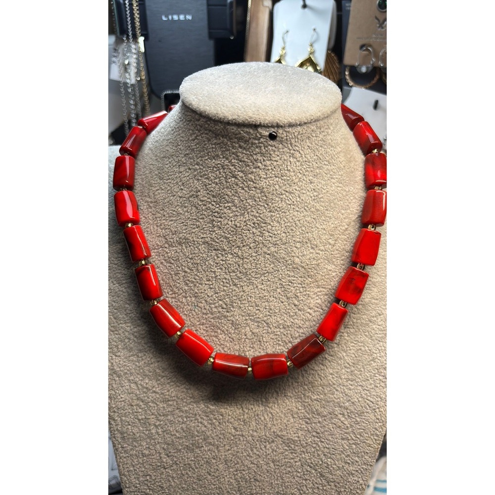 #2. Vintage Chunky Red Coral Style Barrel Bead Statement Necklace